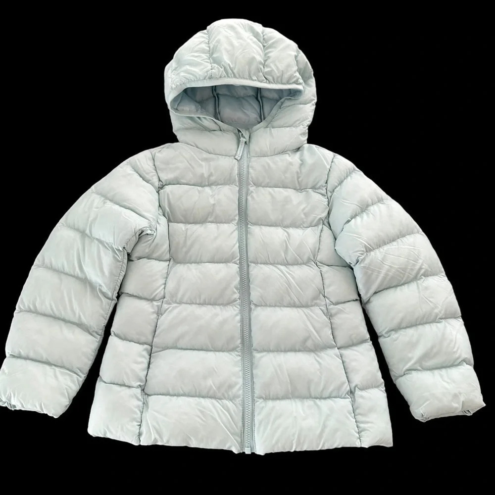 Uniqlo Girls 3-4 Aqua Blue zip up Quilted Puffer Jacket Hood Winter Packable
